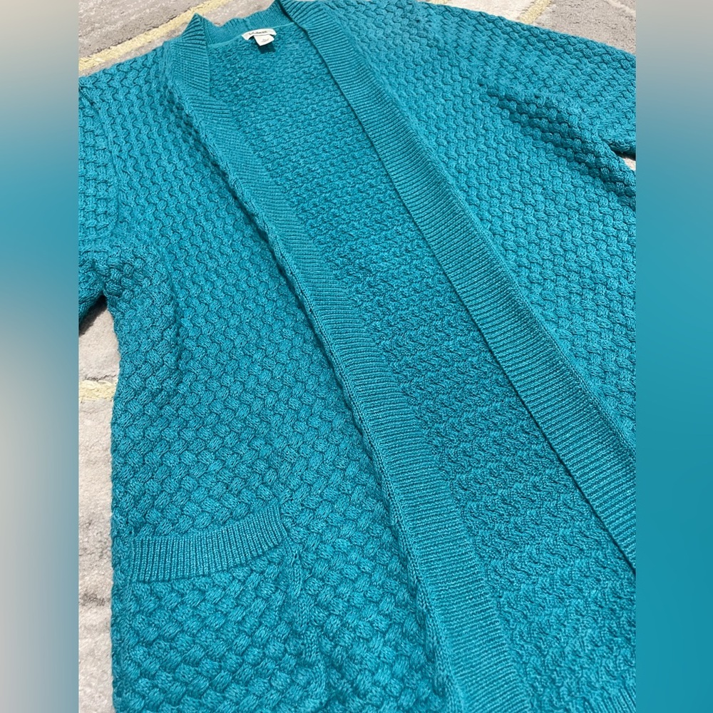 Vintage L.L. Bean Textured Knit Cardigan Sweater L Petite Teal Open Front - Picture 4 of 8